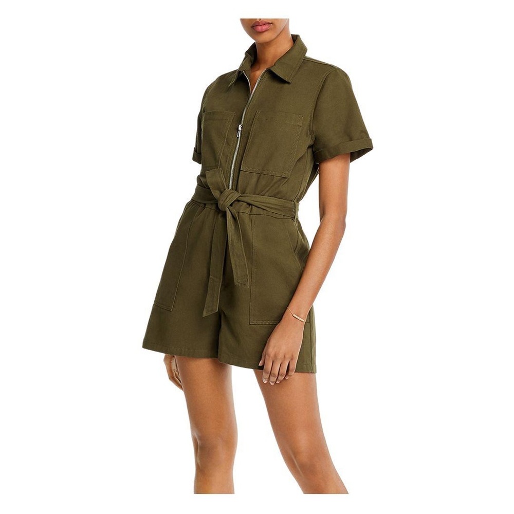 AQUA Cotton Belted Romper in Army Green